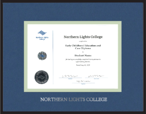 Satin black metal diploma frame with double mat board and silver foil stamp with "NORTHERN LIGHTS COLLEGE" GOUDY 24P. (#SB-12x15-volc/ths-fs)